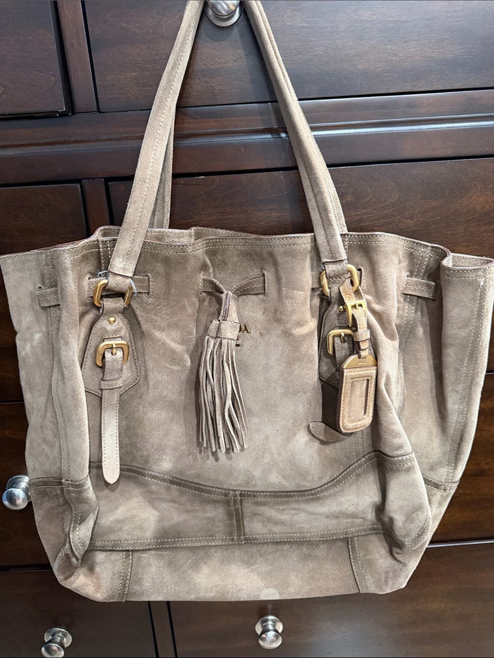 Prada Suede Tassel Tote Bag in Taupe